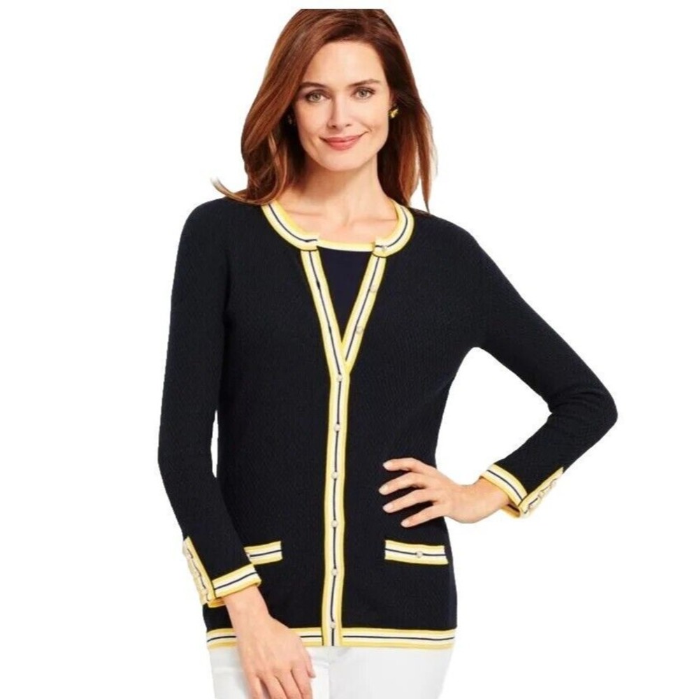 Talbots Womens 1X Navy Knit Cardigan 3/4 Sleeves Patch Pockets Pearl Buttons